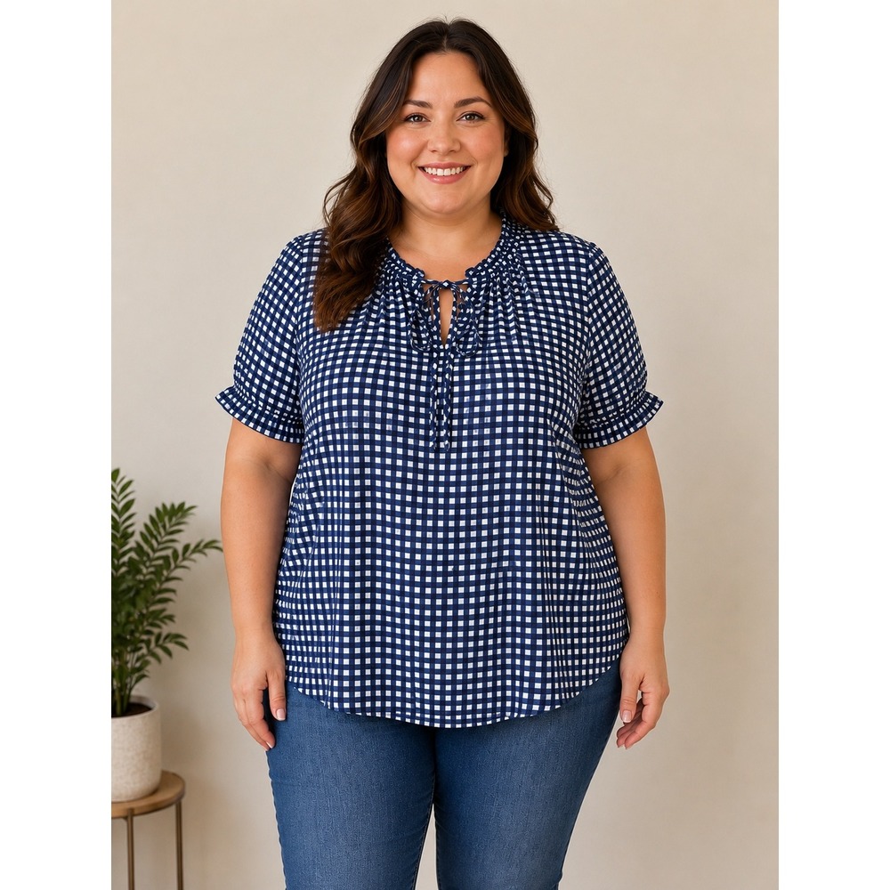 Tamara H. Blouse Womens 2X Blue Gingham Ruffle Tie Neck Top Summer Preppy